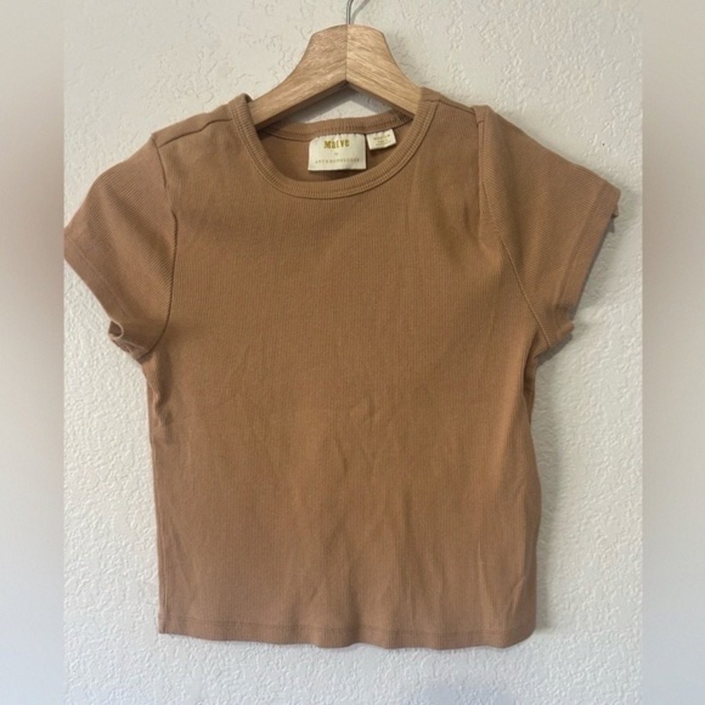 Anthropologie Maeve Ribbed Short Sleeve Tee in Taupe